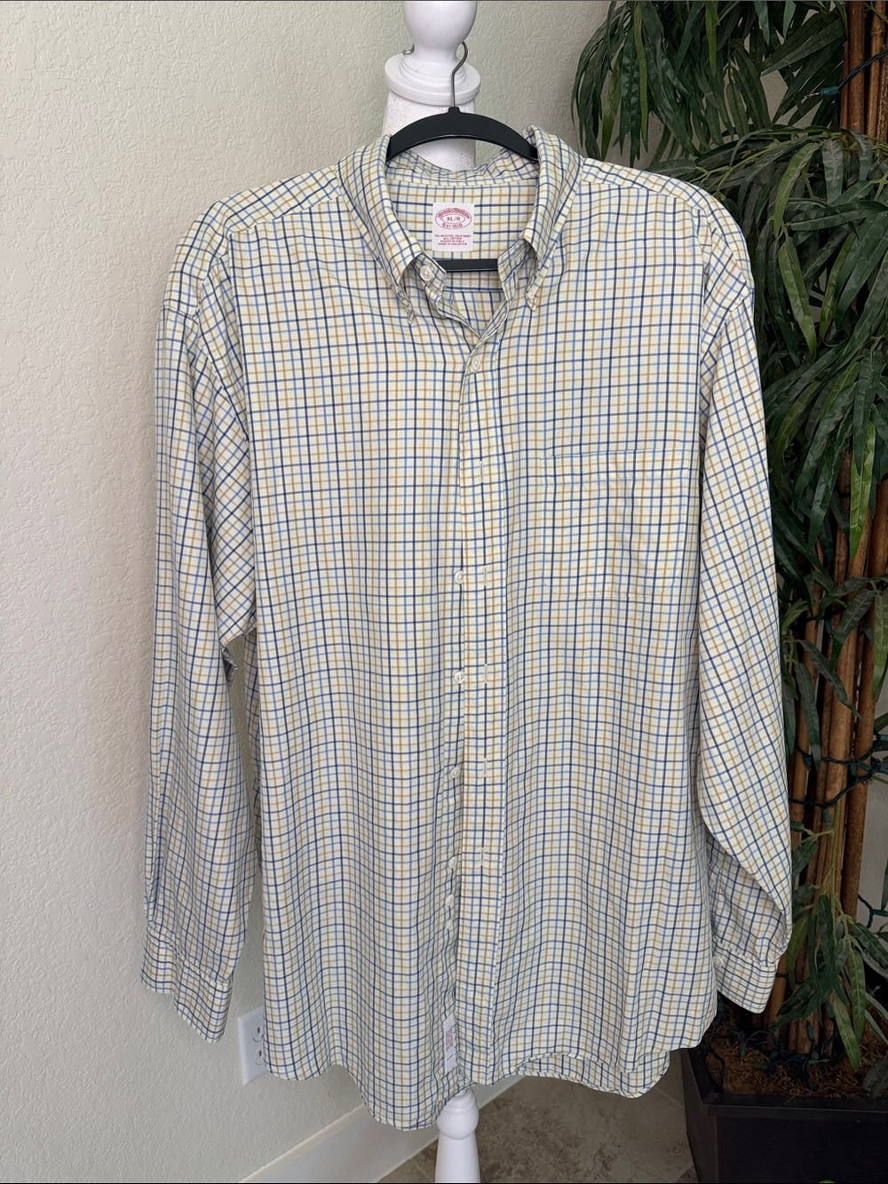 Brooks Brothers Plaid Dress Shirt Cotton Blue&Tan Windowpane Pattern Men's XL - Picture 11 of 11